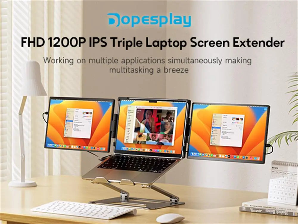 شاشة Dopesplay المحمولة ثلاثية مزدوجة FHD 1200P IPS لأجهزة الكمبيوتر المحمولة مقاس 14.1 بوصة تعمل بنظام Windows Mac Android Chrome مقاس 14-17 بوصة